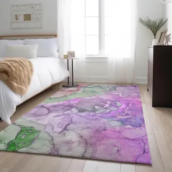 5' X 8' Purple And Green Abstract Washable Area Rug With UV Protection