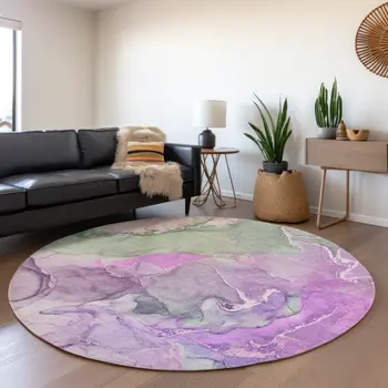 8' Purple And Green Abstract Washable Round Rug With UV Protection