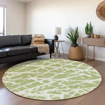 8' Fern Green And Ivory Abstract Washable Round Rug With UV Protection