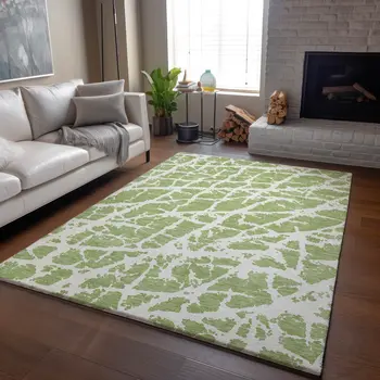 8' X 10' Fern Green And Ivory Abstract Washable Area Rug With UV Protection