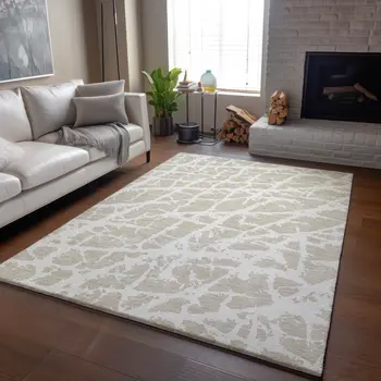 8' X 10' Beige And Ivory Abstract Washable Area Rug With UV Protection