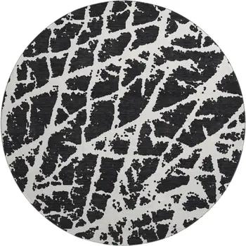 8' Black And Ivory Abstract Washable Round Rug With UV Protection