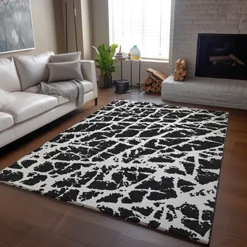 8' X 10' Black And Ivory Abstract Washable Area Rug With UV Protection