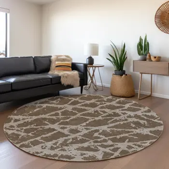 8' Brown And Ivory Abstract Washable Round Rug With UV Protection