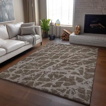 10' X 14' Brown And Ivory Abstract Washable Area Rug With UV Protection
