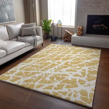8' X 10' Gold And Ivory Abstract Washable Area Rug With UV Protection