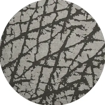 8' Gray And Charcoal Abstract Washable Round Rug With UV Protection