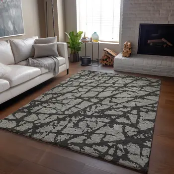 8' X 10' Gray And Charcoal Abstract Washable Area Rug With UV Protection