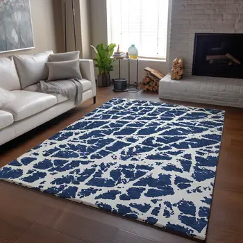 3' X 5' Navy Blue And Ivory Abstract Washable Area Rug With UV Protection