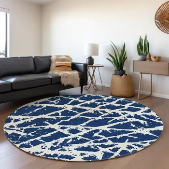 8' Navy Blue And Ivory Abstract Washable Round Rug With UV Protection