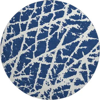 8' Navy Blue And Ivory Abstract Washable Round Rug With UV Protection