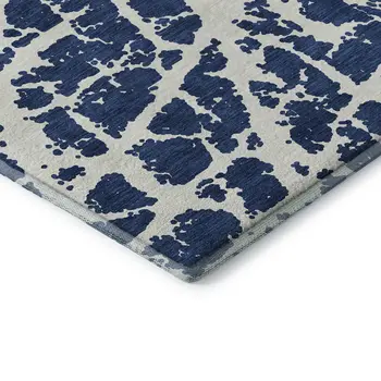 8' Navy Blue And Ivory Abstract Washable Round Rug With UV Protection