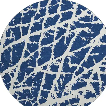 8' Navy Blue And Ivory Abstract Washable Round Rug With UV Protection