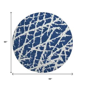 8' Navy Blue And Ivory Abstract Washable Round Rug With UV Protection