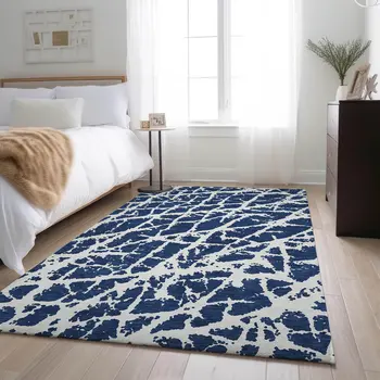 9' X 12' Navy Blue And Ivory Abstract Washable Area Rug With UV Protection