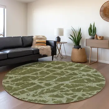 8' Olive Green And Gray Abstract Washable Round Rug With UV Protection