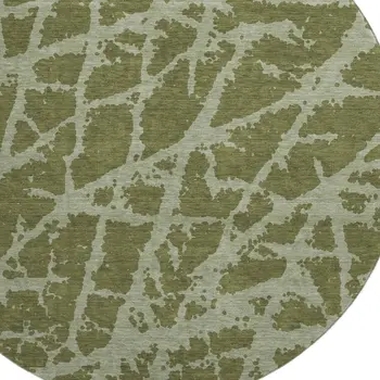 8' Olive Green And Gray Abstract Washable Round Rug With UV Protection