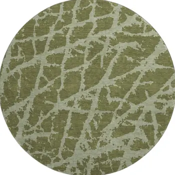 8' Olive Green And Gray Abstract Washable Round Rug With UV Protection