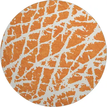 8' Orange And Ivory Abstract Washable Round Rug With UV Protection