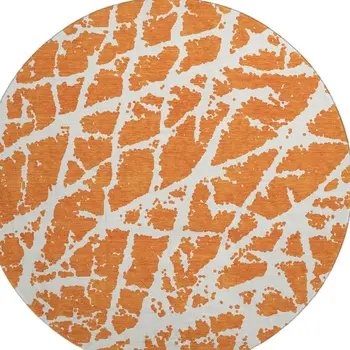 8' Orange And Ivory Abstract Washable Round Rug With UV Protection