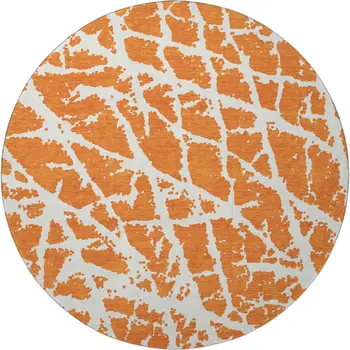 8' Orange And Ivory Abstract Washable Round Rug With UV Protection