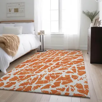 8' X 10' Orange And Ivory Abstract Washable Area Rug With UV Protection