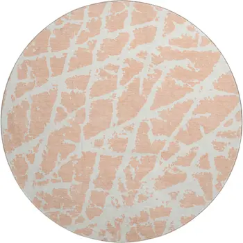 8' Peach And Ivory Abstract Washable Round Rug With UV Protection