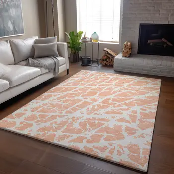 10' X 14' Peach And Ivory Abstract Washable Area Rug With UV Protection
