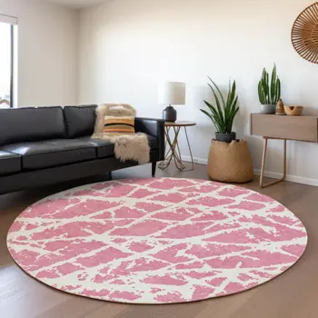 8' Pink And Ivory Abstract Washable Round Rug With UV Protection
