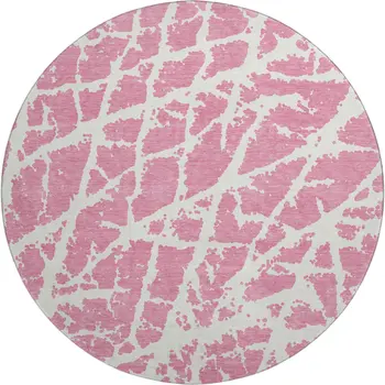 8' Pink And Ivory Abstract Washable Round Rug With UV Protection