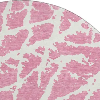 8' Pink And Ivory Abstract Washable Round Rug With UV Protection