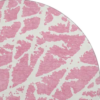 8' Pink And Ivory Abstract Washable Round Rug With UV Protection