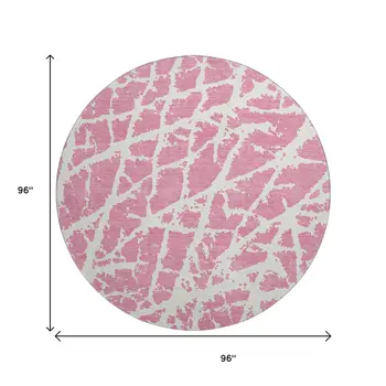8' Pink And Ivory Abstract Washable Round Rug With UV Protection