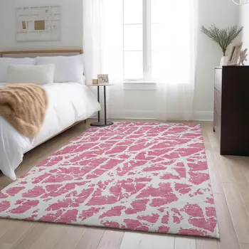 10' X 14' Pink And Ivory Abstract Washable Area Rug With UV Protection