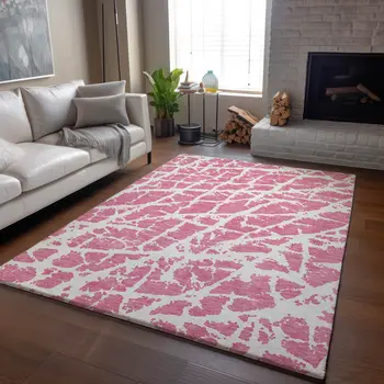 10' X 14' Pink And Ivory Abstract Washable Area Rug With UV Protection