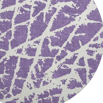 8' Purple And Ivory Abstract Washable Round Rug With UV Protection