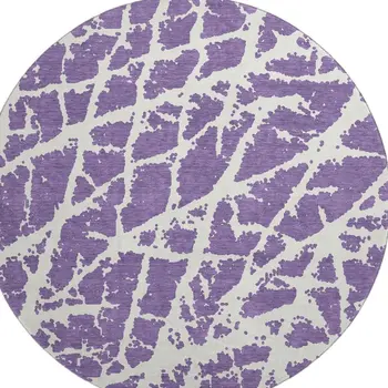8' Purple And Ivory Abstract Washable Round Rug With UV Protection