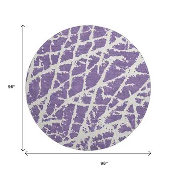 8' Purple And Ivory Abstract Washable Round Rug With UV Protection
