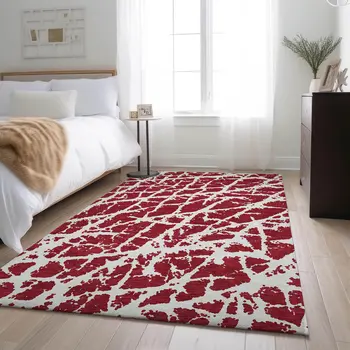 5' X 8' Red And Ivory Abstract Washable Area Rug With UV Protection