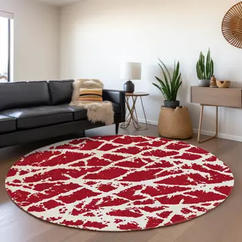 8' Red And Ivory Abstract Washable Round Rug With UV Protection