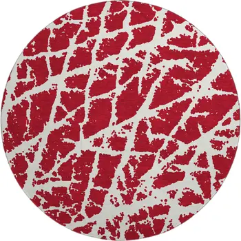 8' Red And Ivory Abstract Washable Round Rug With UV Protection