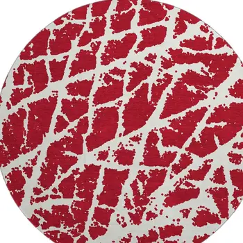 8' Red And Ivory Abstract Washable Round Rug With UV Protection