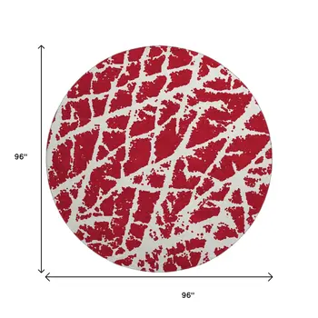8' Red And Ivory Abstract Washable Round Rug With UV Protection