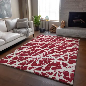 8' X 10' Red And Ivory Abstract Washable Area Rug With UV Protection