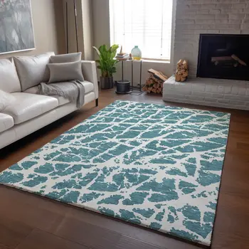 3' X 5' Teal And Ivory Abstract Washable Area Rug With UV Protection