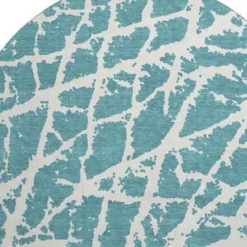 8' Teal And Ivory Abstract Washable Round Rug With UV Protection