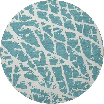 8' Teal And Ivory Abstract Washable Round Rug With UV Protection