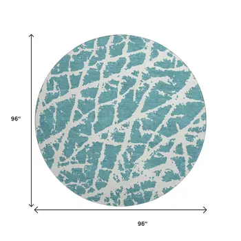 8' Teal And Ivory Abstract Washable Round Rug With UV Protection