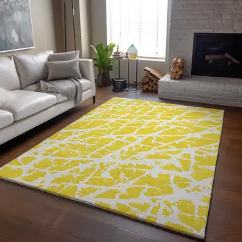 5' X 8' Yellow And Ivory Abstract Washable Area Rug With UV Protection