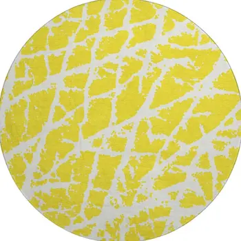 8' Yellow And Ivory Abstract Washable Round Rug With UV Protection